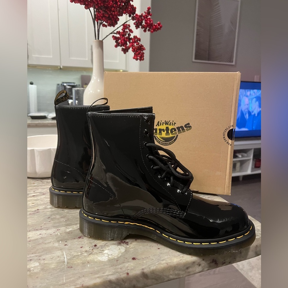 Dr. Martens Shiny Black Boots with Yellow Stitching - Picture 2 of 3